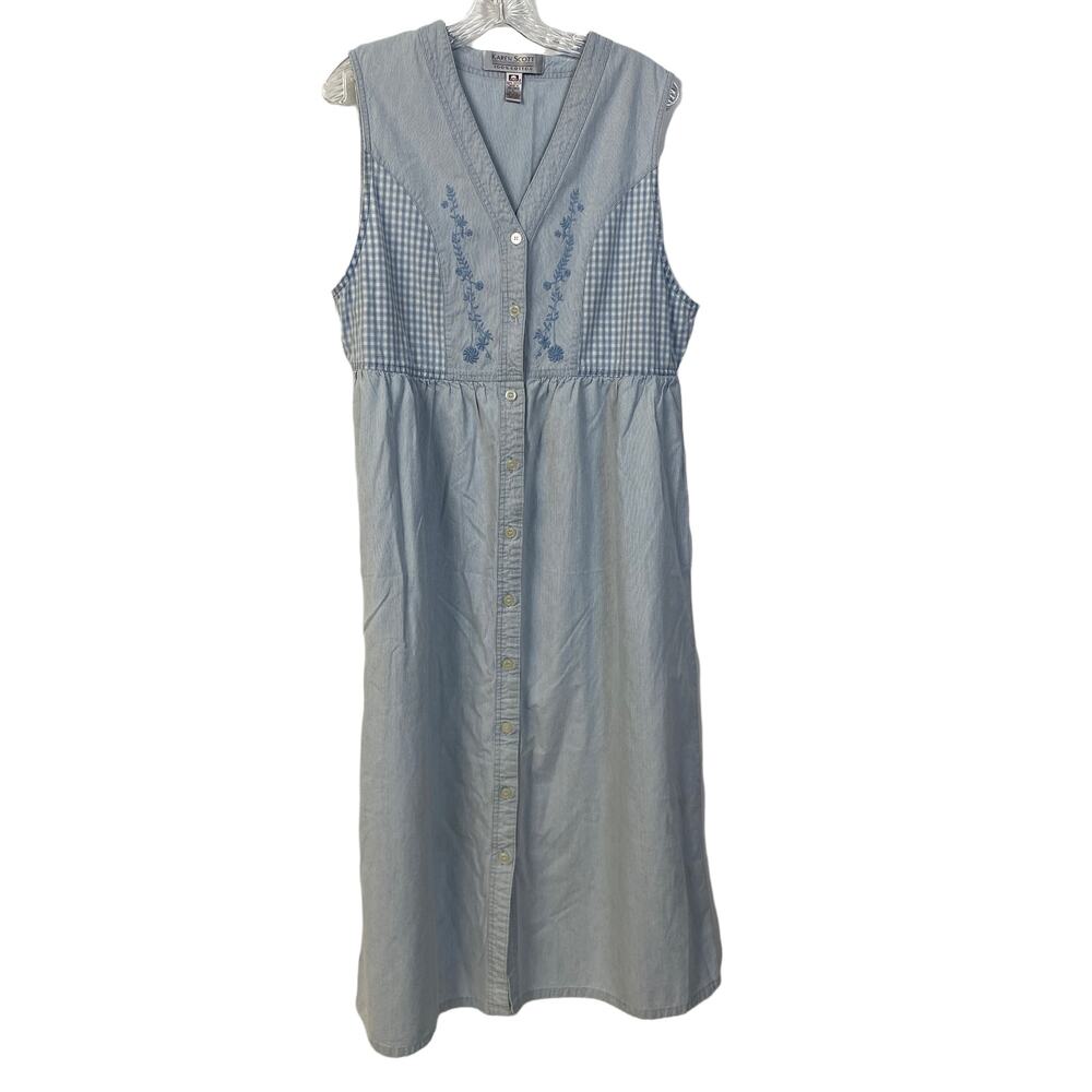 KAREN SCOTT Size L Dress 100% Cotton Embroidered Jumper Gingham Pockets Modest